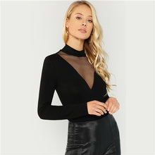 Load image into Gallery viewer, SHEIN Black Mesh Insert Mock Neck Tee Elegant Long Sleeve Stretchy Slim Fit Tops Women Autumn Stand Collar Workwear T-shirt
